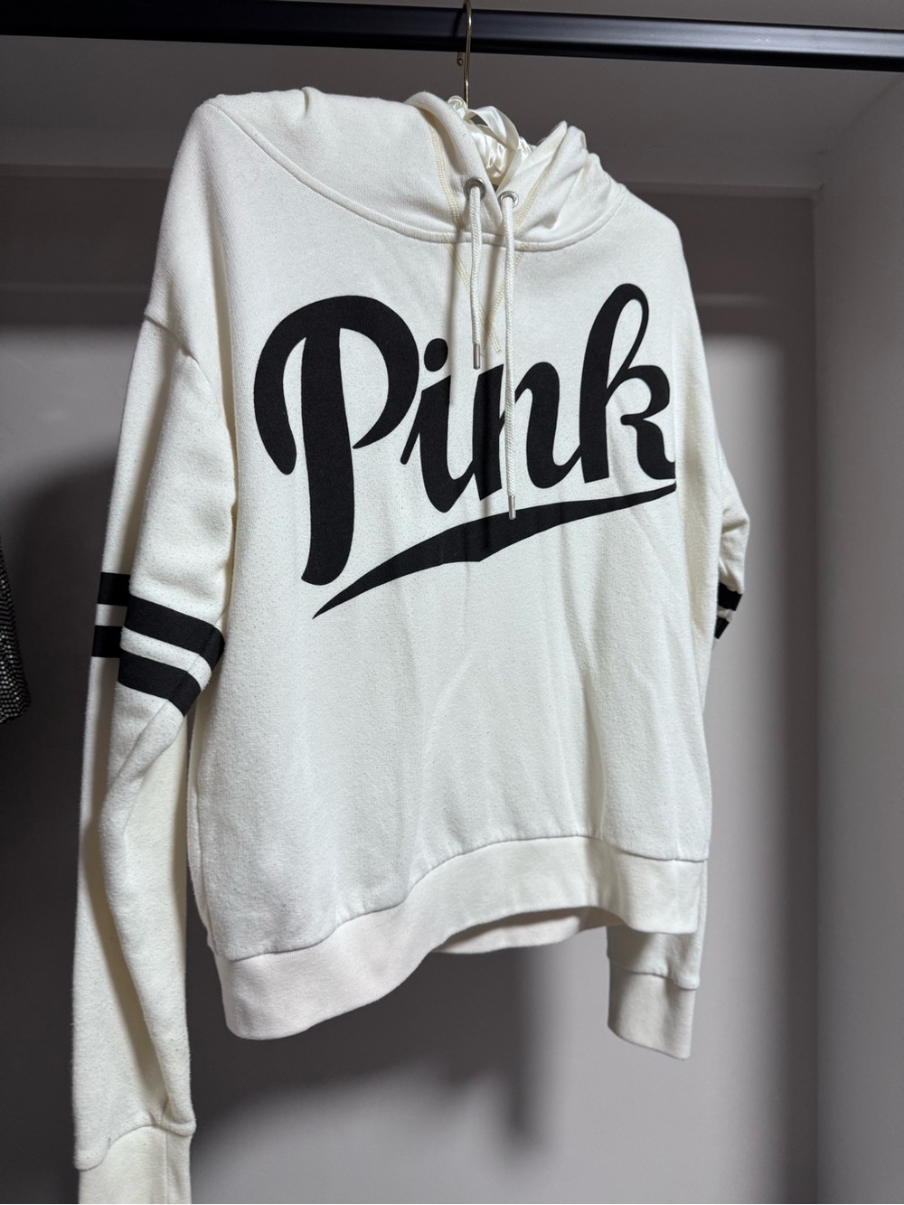 PINK Victoria's Secret Cream Hoodie with Black Script Logo